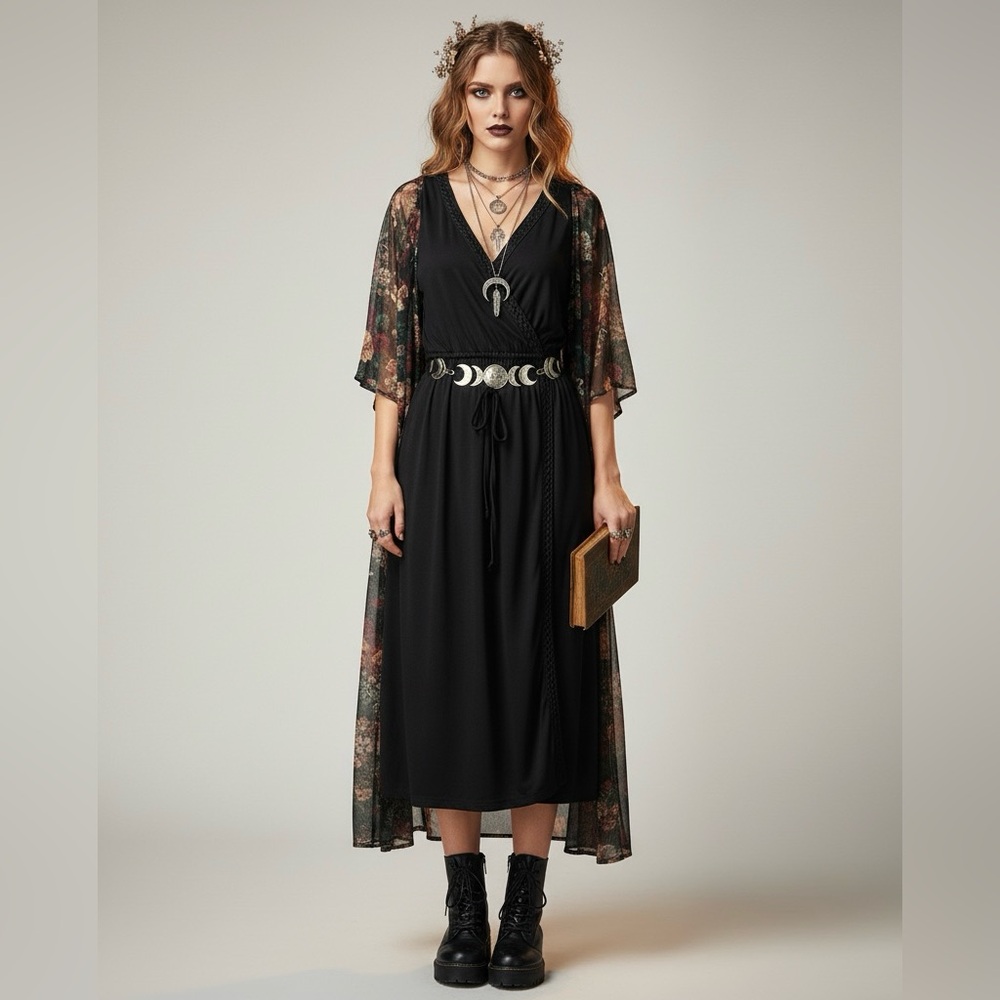 Witchy Faux Wrap Dress Small Braided V-Neck Soft Gothic Boho